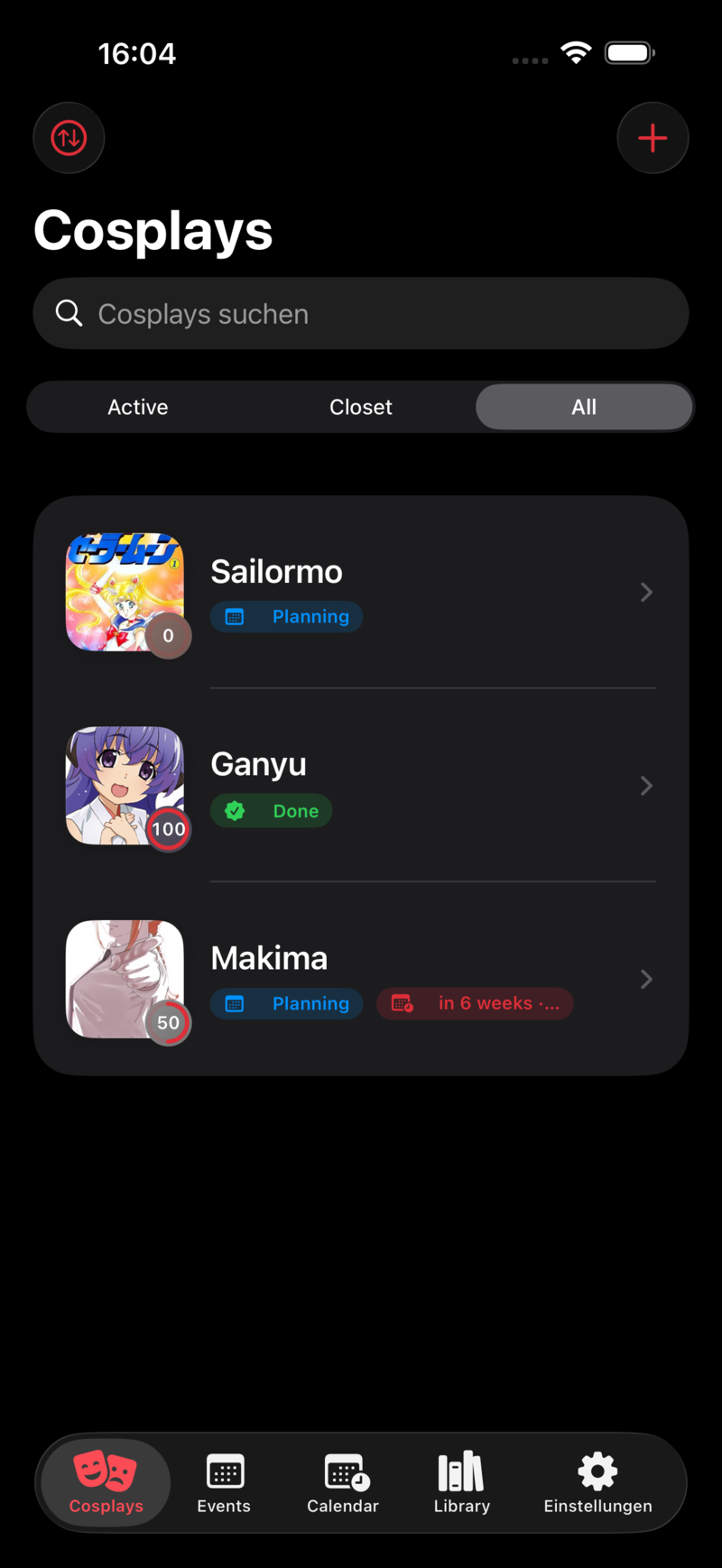 Coshirae Cosplays tab with three character thumbnails