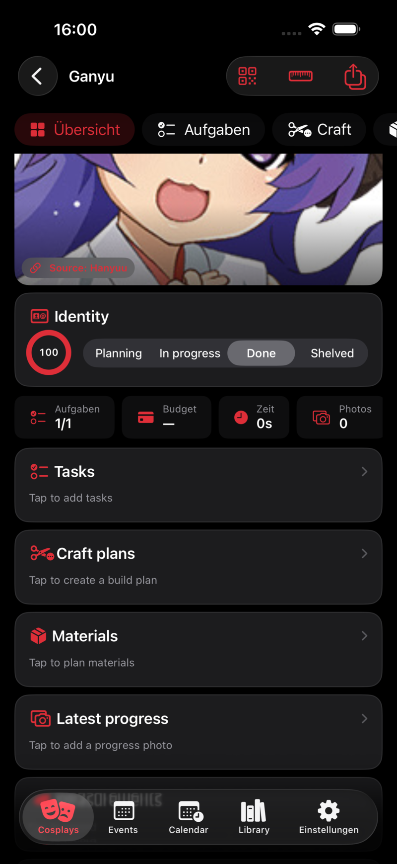 Coshirae cosplay overview dashboard